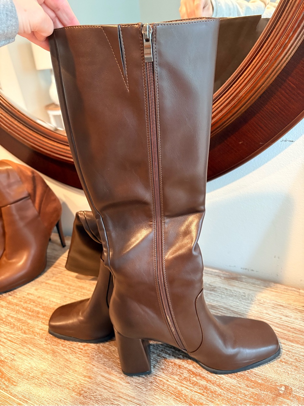 Tall, Dark Brown Women's Faux Leather, Square Toe, Chunky Heel Boots - Picture 3 of 5